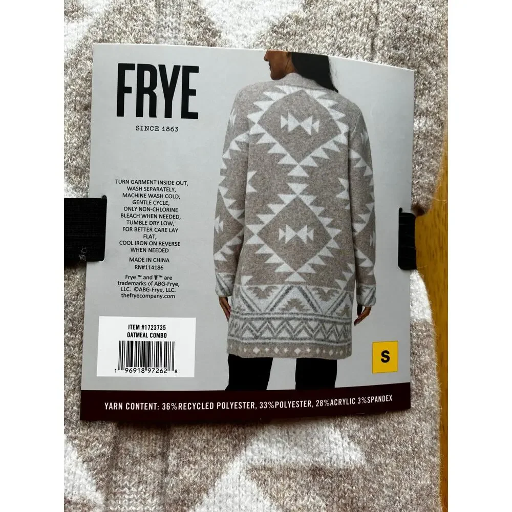 Frye Cozy Cardigan Southwestern Aztec Print Open Front NWT Tan White